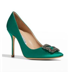 NIB $1125 Manolo Blahnik Hangisi Satin Crystal-Buckle Pumps in Green - size 37.5